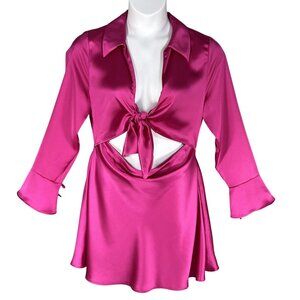Zara XL NWT Blogger Favorite Pink Satin Cut Out Mini Dress Bell Sleeves Coquette
